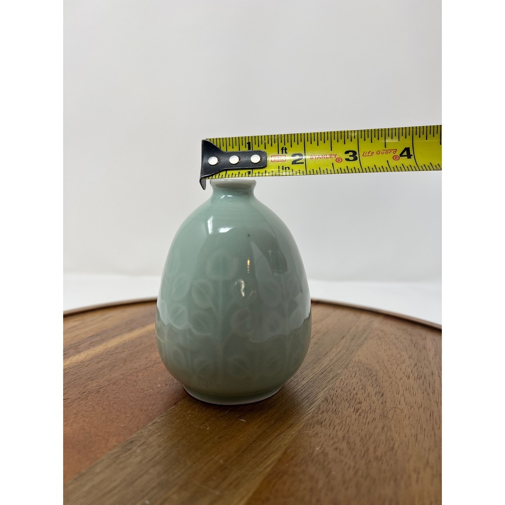 Celadon Bud Vase Embossed Floral Design Small Ceramic Tabletop Decor - Picture 10 of 10